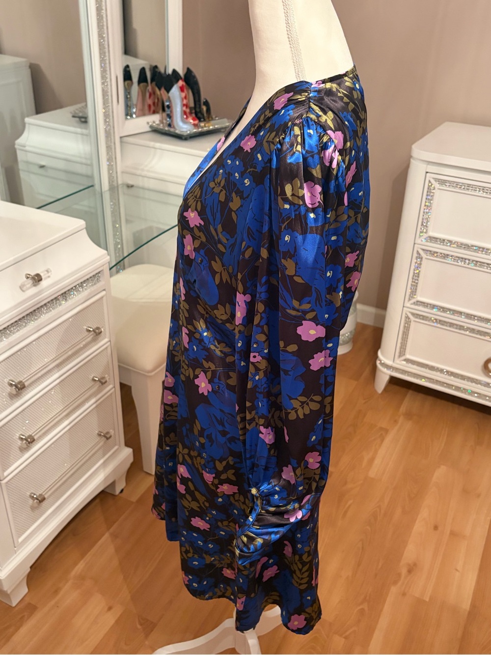 Vero Moda Long Sleeve Blue Floral Satin Dress Size M - Picture 5 of 11